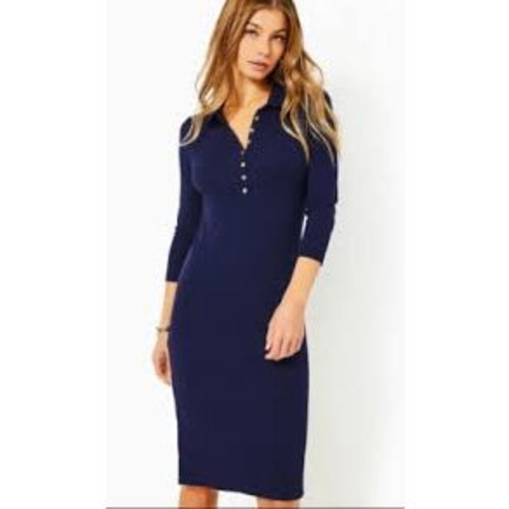 Lilly Pulitzer Reema 3/4 Sleeve Knee Length Henley Dress Navy Blue Size L NWT